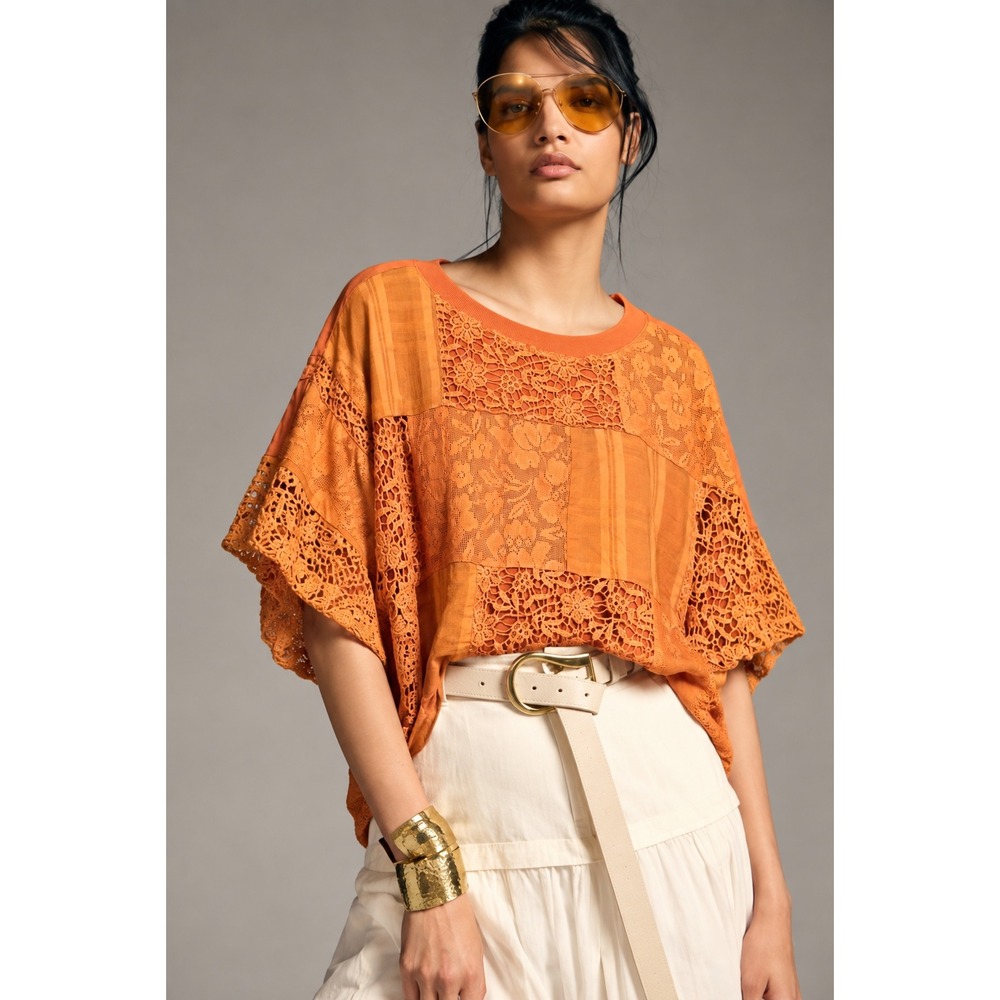 Anthropologie The Odells Orange Patchwork Lace Cotton Boxy Top  Boho ShortSleeve